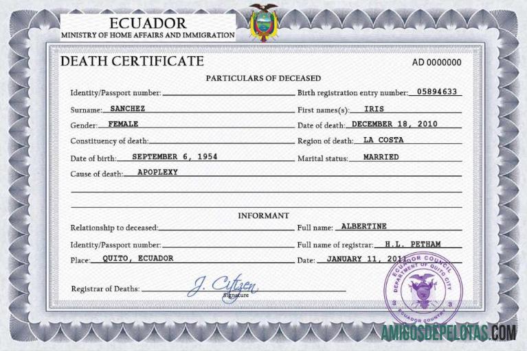 Para baixar modelo PSD de certidão de óbito de registro vital do Equador